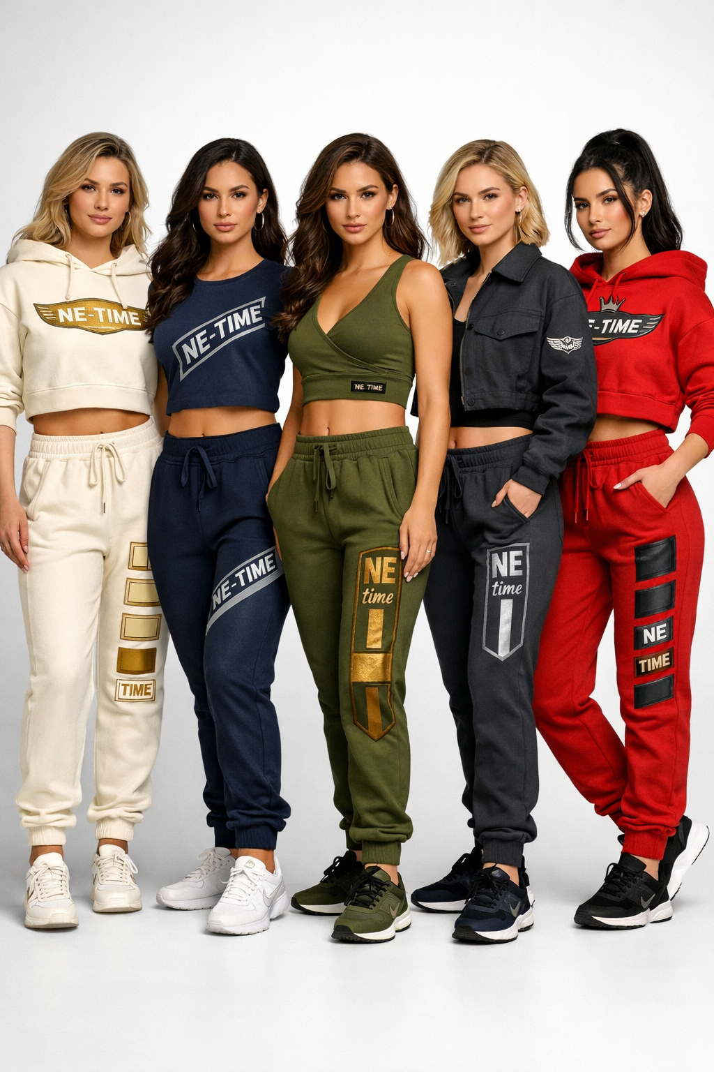 NE-TIME athleisure collection studio lineup on five models in cream, navy, olive, charcoal, and red