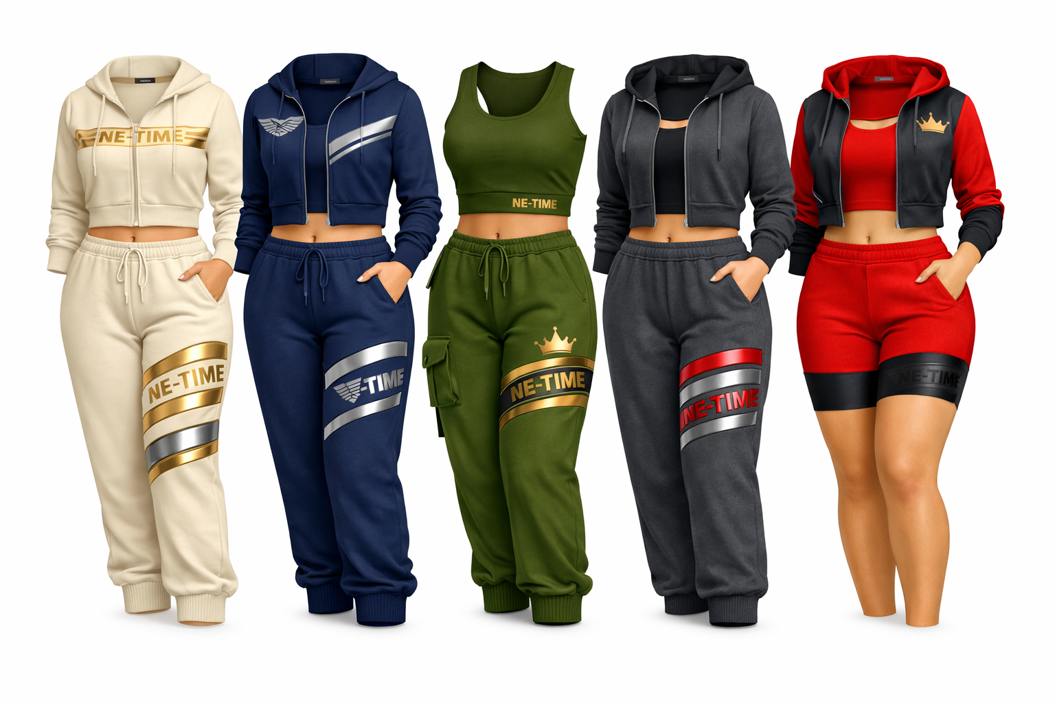 NE-TIME streetwear sets with metallic branding in five colorways on invisible mannequins