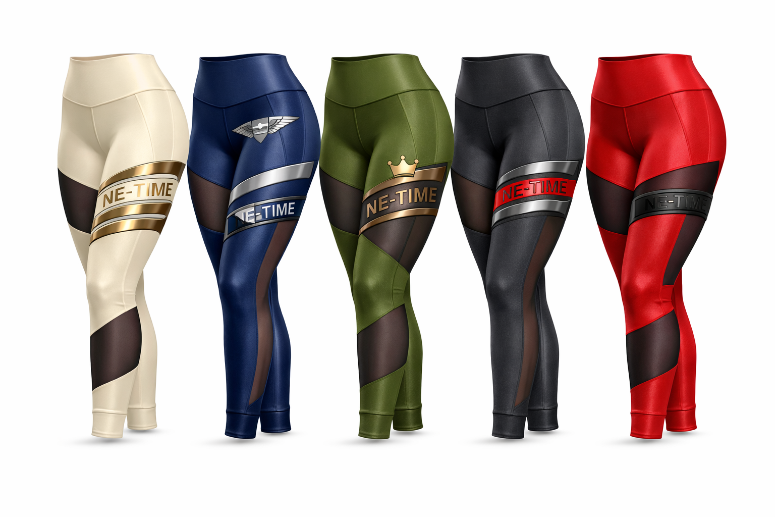 NE-TIME leggings with sheer mesh panels and metallic branded thigh bands
