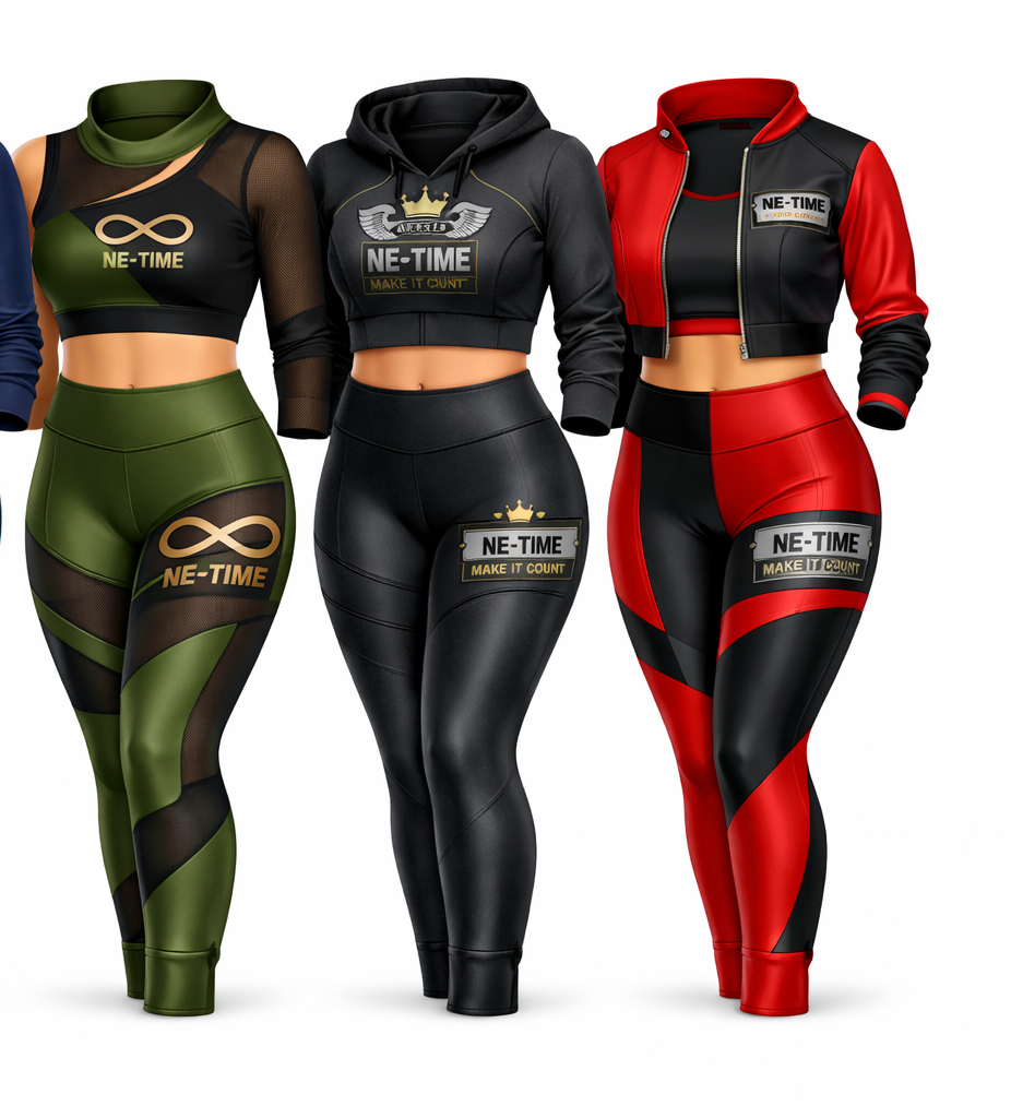 NE-TIME athleisure mockup lineup in olive, black, and red colorways with metallic branding