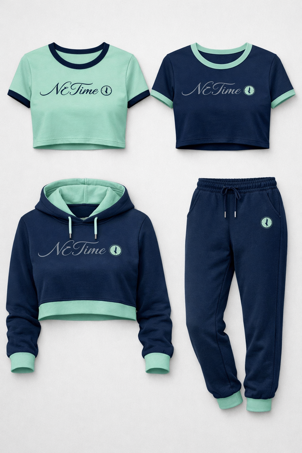 NE-TIME mint and navy athleisure capsule flat lay featuring cropped ringer tees, pullover hoodie, and fleece joggers