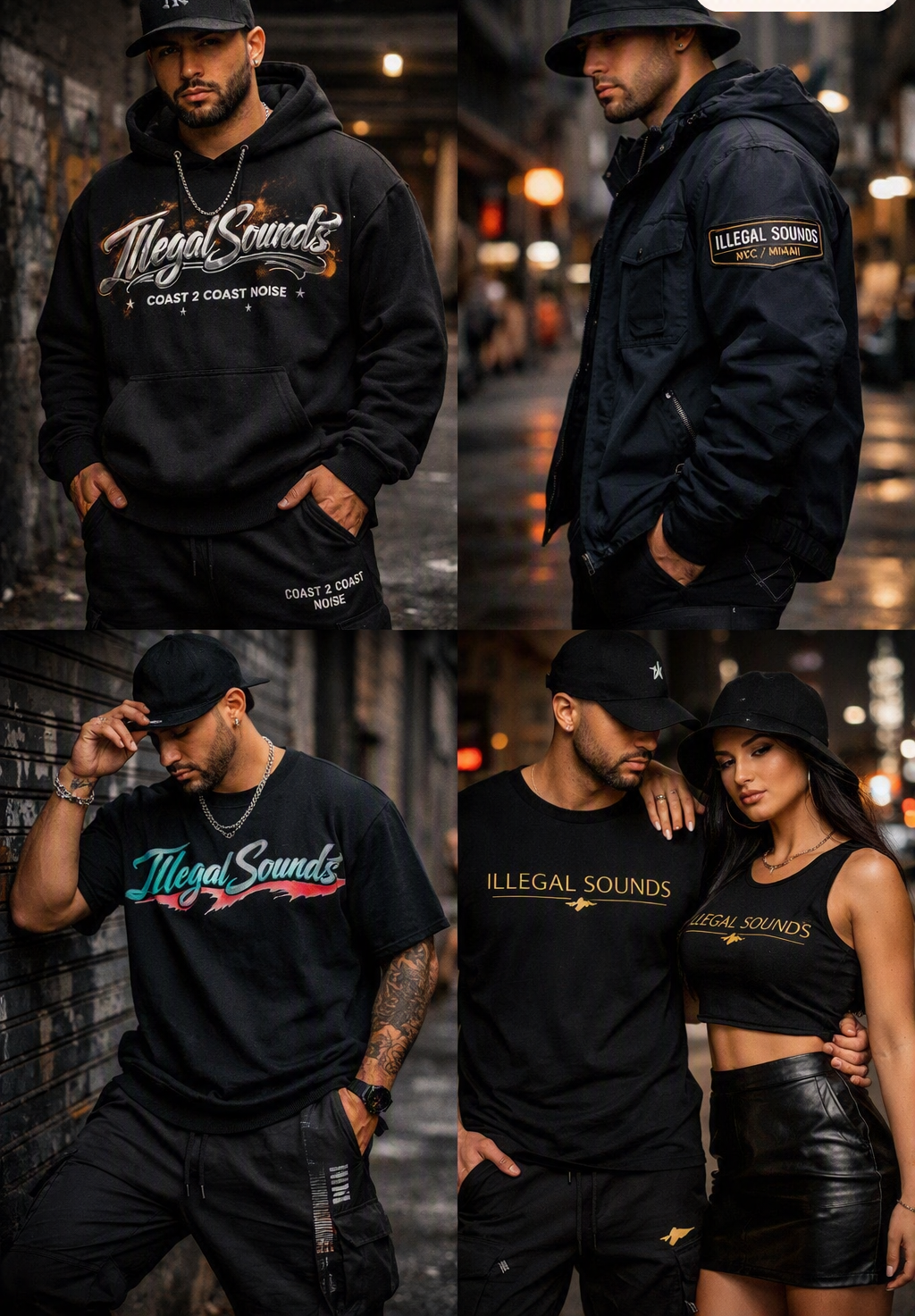 Model wearing dark oversized hoodie with underground audio graphic styling