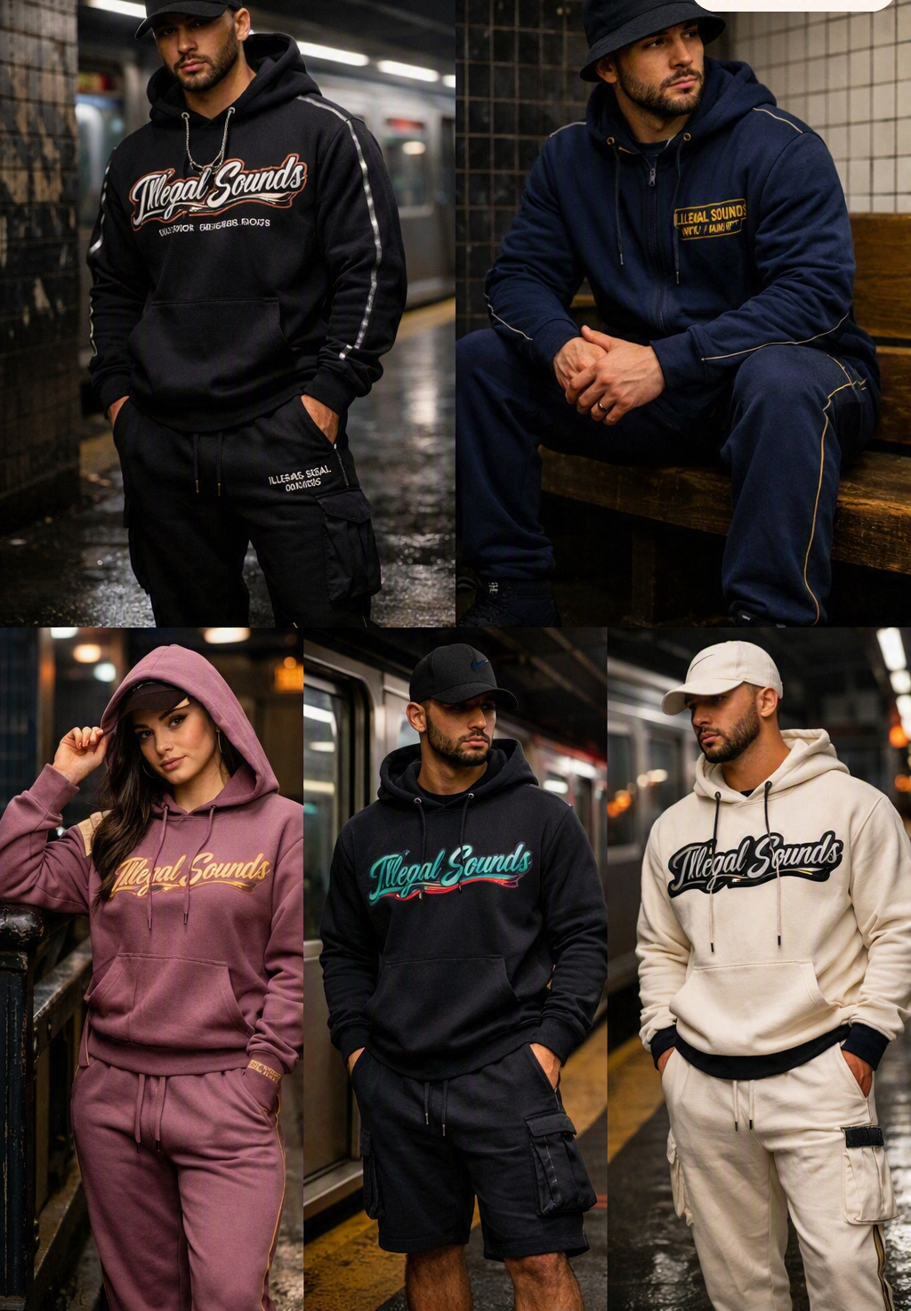 Model showcasing heavyweight streetwear track set in urban atmosphere