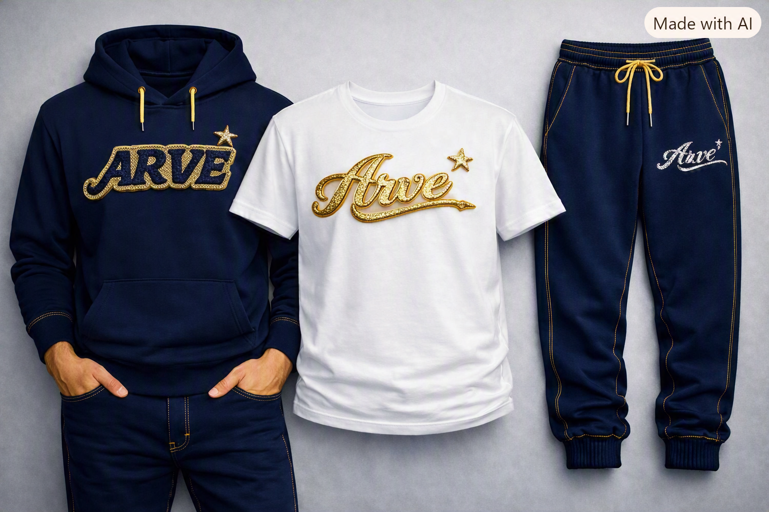 Navy and white streetwear clothing flat lay and modeled pieces