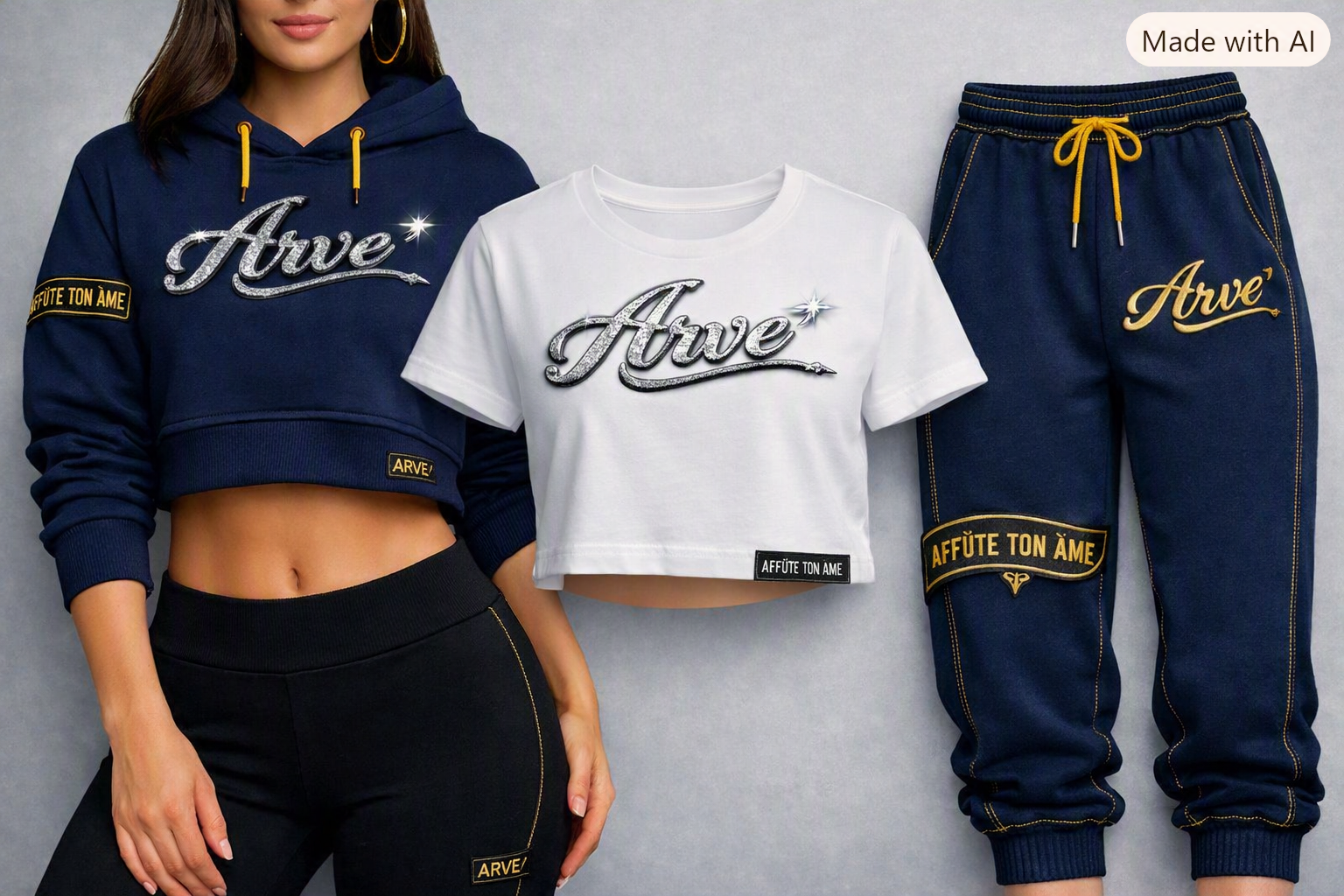 Y2K sporty streetwear set with cropped hoodie and patch details