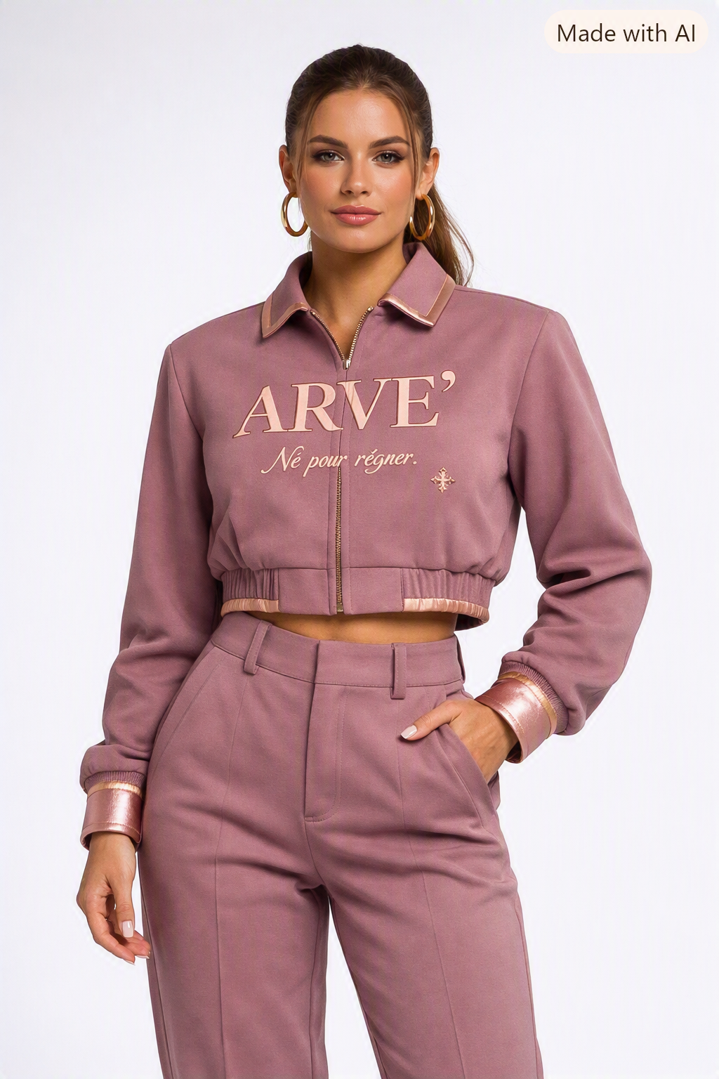 Dusty rose tailored two-piece zip jacket and trouser set