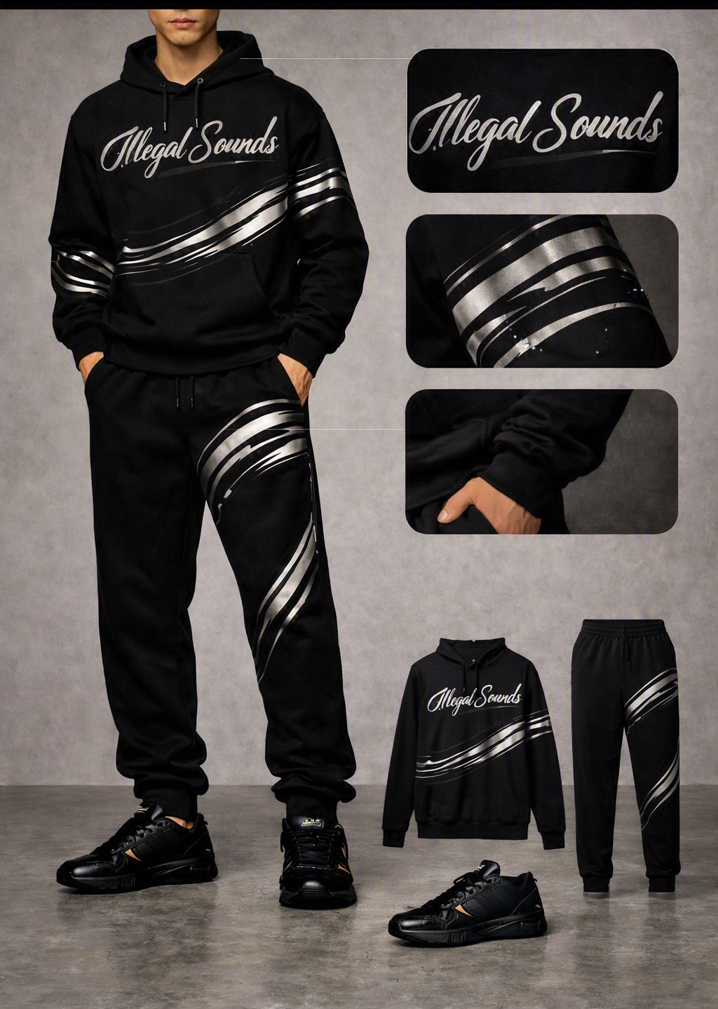 Commercial streetwear lookbook shot of a black Illegal Sounds branded tracksuit (hoodie and sweatpants) with metallic chrome graphic accents, paired with black sneakers, shown with detail close-ups of the chest logo, sleeve graphic, and cuff.