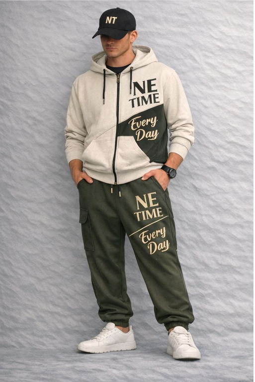 NE TIME streetwear editorial featuring model in earth-tone relaxed fit hoodie and sweatpants