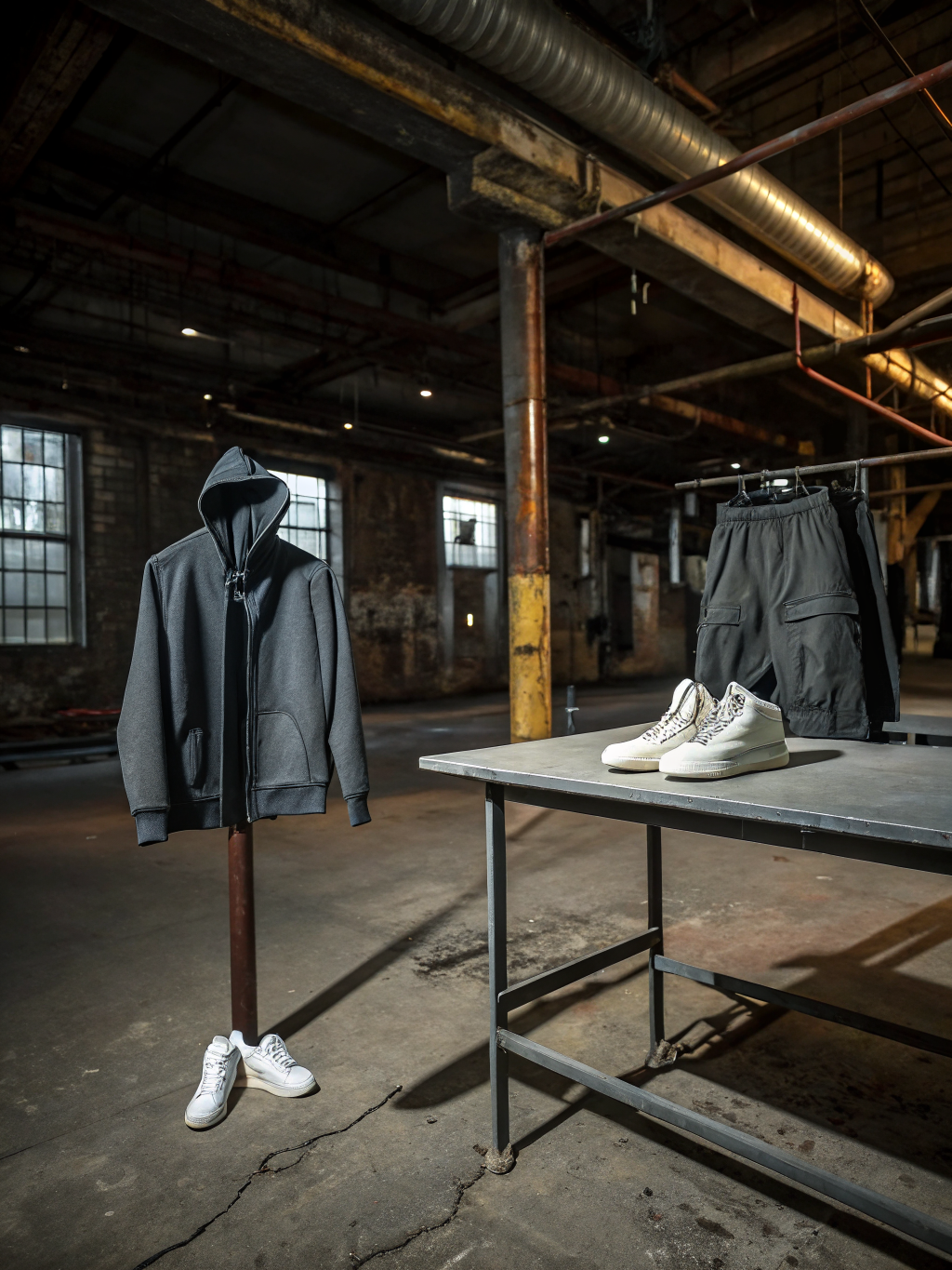ACP technical nylon garment hardware, metallic zips, and utility straps on steel workspace