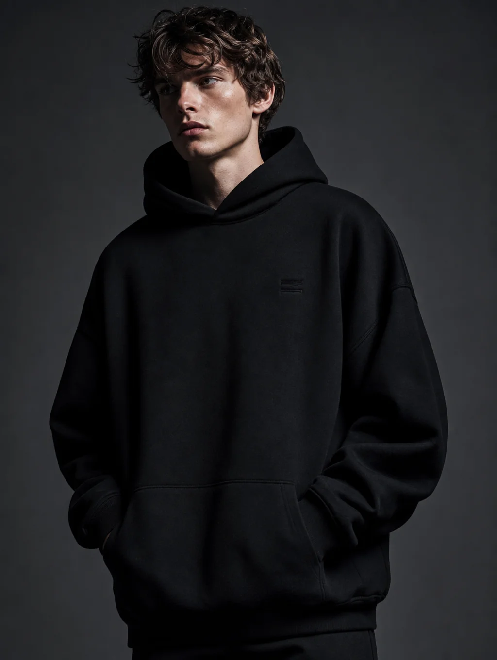 Model wearing a black ARVÉ hoodie and jogger tracksuit with silver script branding and gold diamond limited-edition patches against a neutral studio backdrop