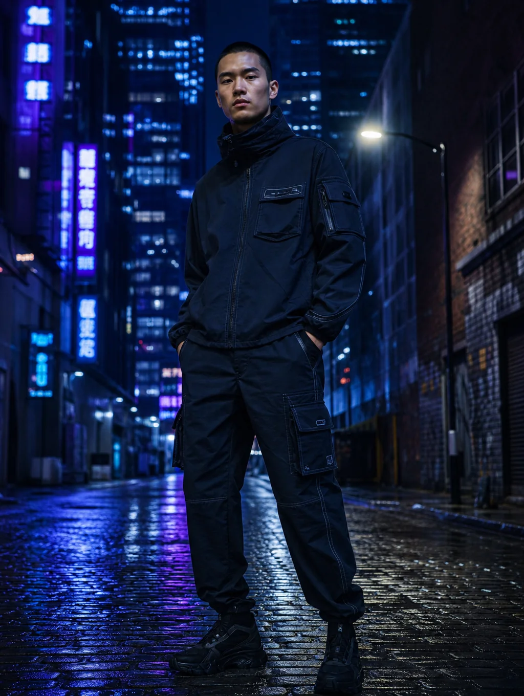 Model wearing a midnight navy ARVÉ track jacket with chrome silver panels and matching cargo pants against a blurred industrial background