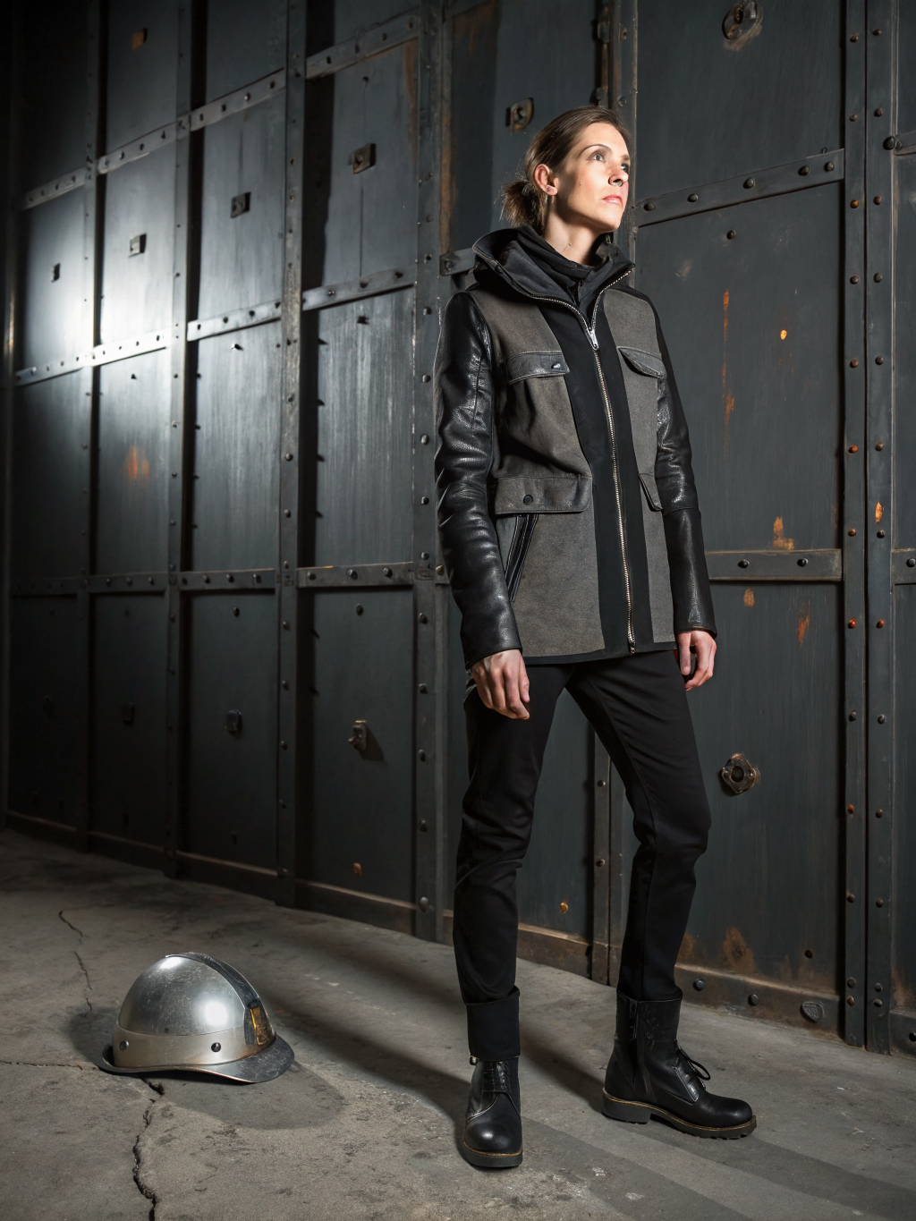 Model in NE TIME utilitarian technical jacket against brushed chrome wall