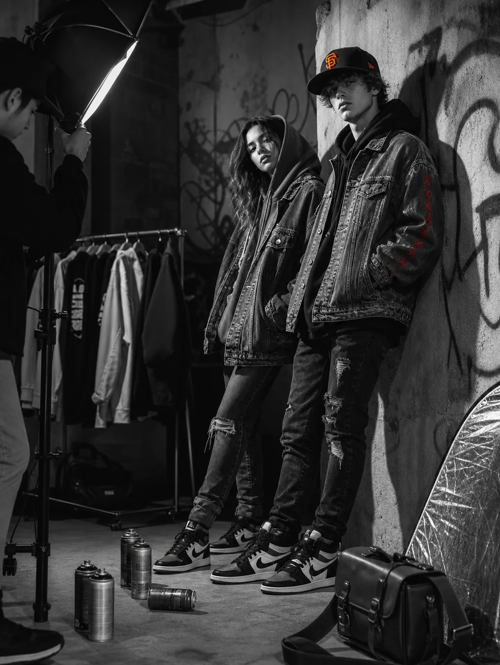 Two models wearing black and crimson red ARVÉ streetwear sets with tactical cargo pants against a cinematic fire-lit backdrop