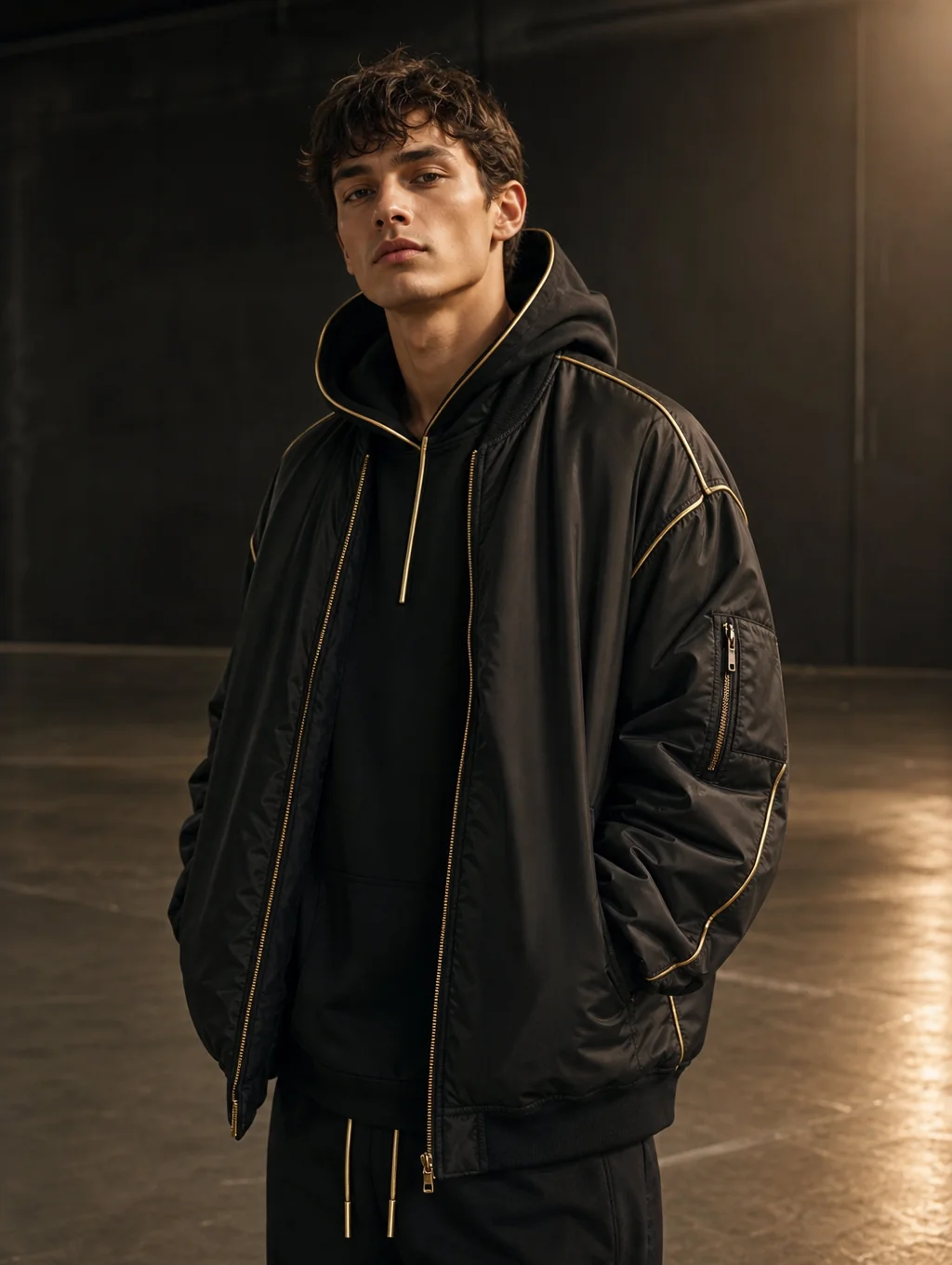 Model wearing a dusty rose ARVÉ cropped hoodie and cargo joggers with gold piping accents against a warm amber bokeh backdrop