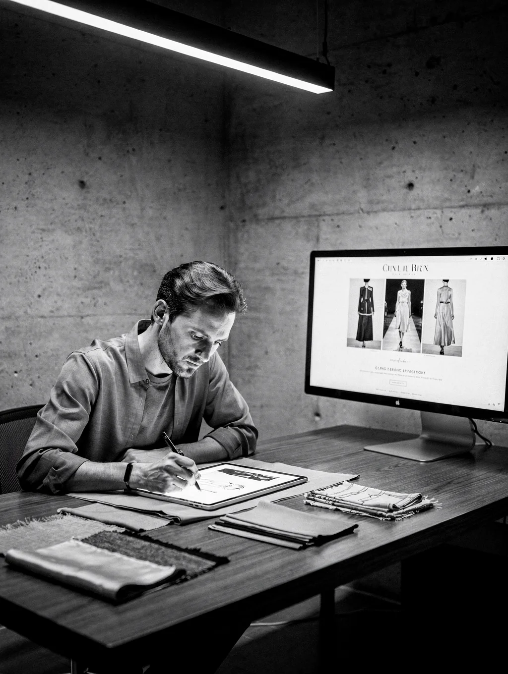 Creative director examining garment textiles in dark studio