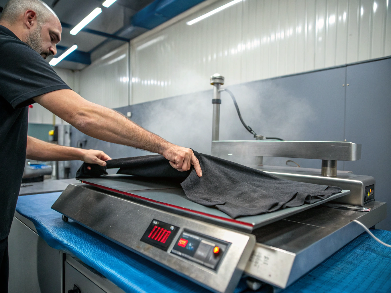 Commercial heat press applying custom heat transfer design to cotton garment in apparel studio