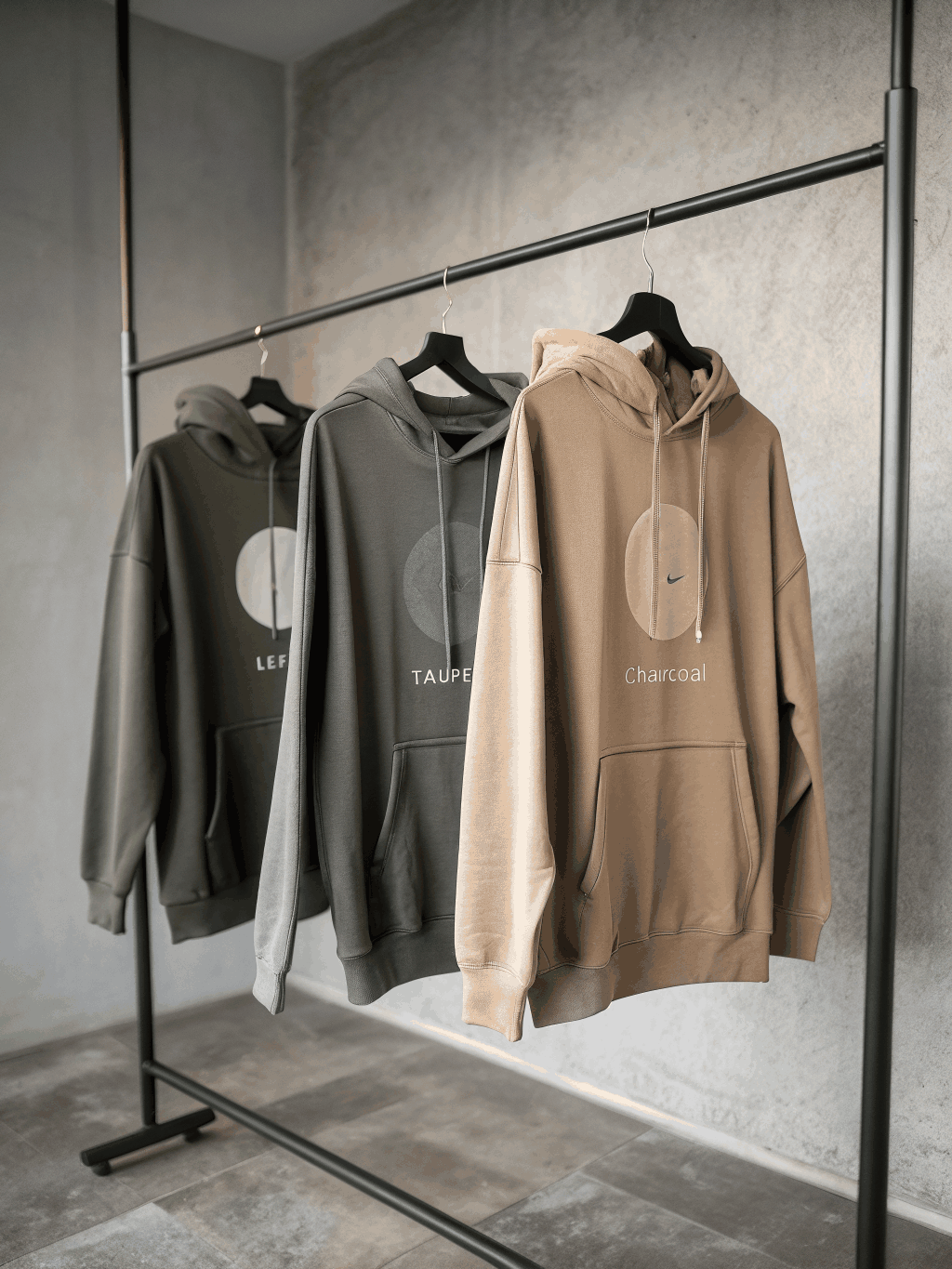 Three ARVÉ cropped hoodie and jogger sets in black, cream and forest green with floral lace inserts and distressed rose graphics