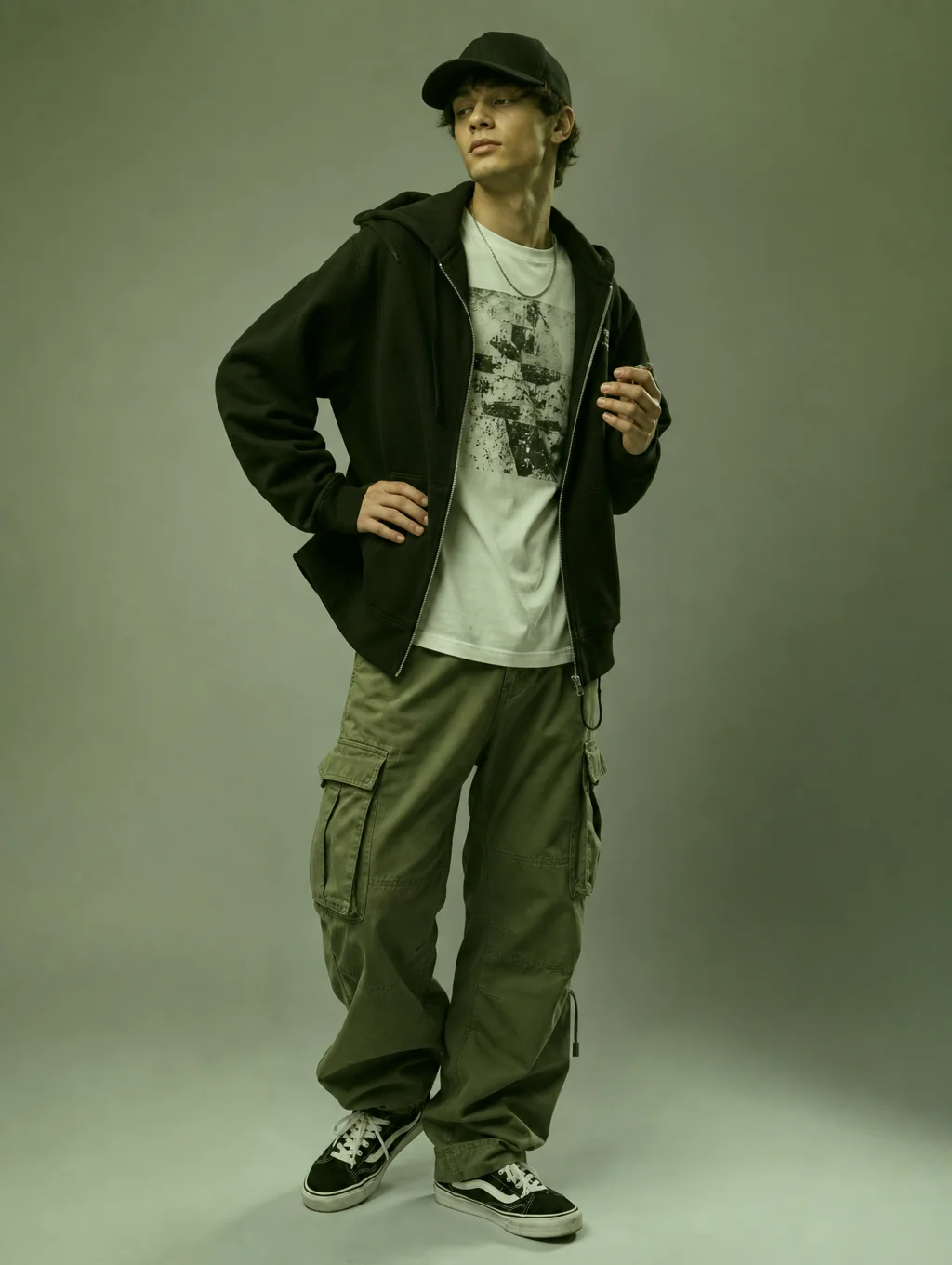 Model wearing a black and gold ARVÉ luxury streetwear set featuring a cropped hoodie and joggers alongside the matching cropped t-shirt displayed against a grey studio backdrop