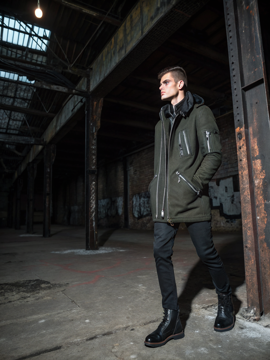 Urban outdoor apparel mockup showcasing raw industrial aesthetics