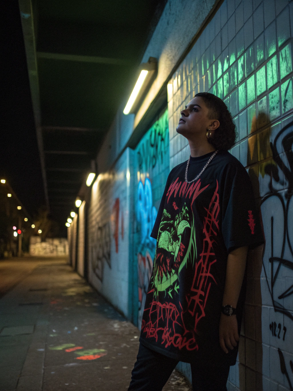 High contrast neon experimental music apparel advertising artwork