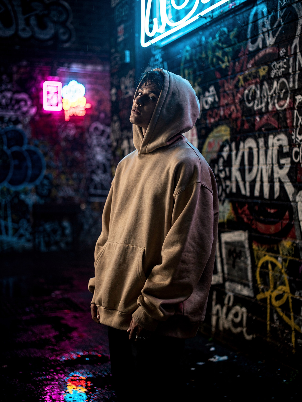 Model wearing a matte black ARVÉ cropped zip hoodie and cargo joggers with neon pink piping trim against a moody neon-lit urban backdrop