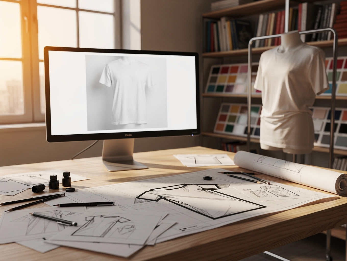 Creative workspace hero graphic with sketch lines, apparel outlines, patch designs, and branding elements